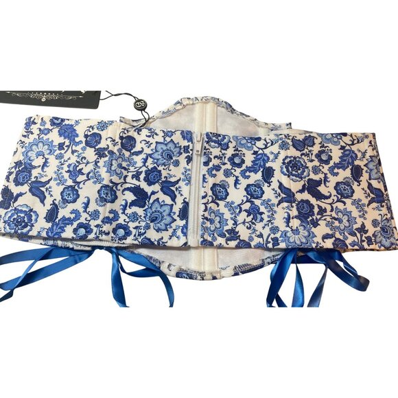 Scarlet Darkness Womens Floral Blue and White Corset Underbust Sz 10 Adjustable - Picture 2 of 3
